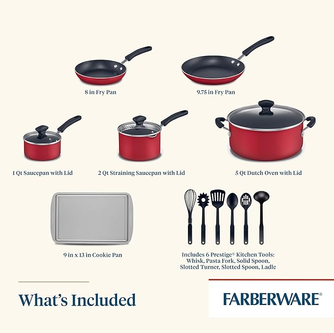 Farberware Cookstart DiamondMax Nonstick Cookware/Pots and Pans Set, Dishwasher Safe, Includes Baking Pan and Cooking Tools, 15 Piece - Red - Image 4