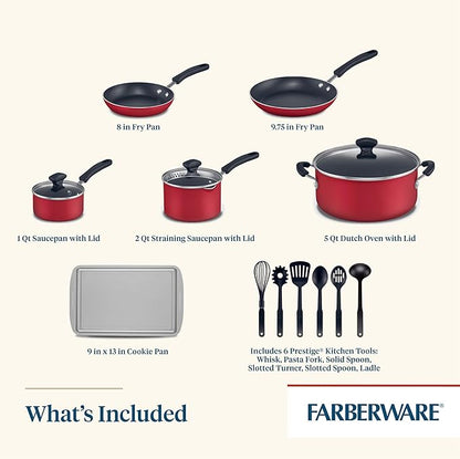 Farberware Cookstart DiamondMax Nonstick Cookware/Pots and Pans Set, Dishwasher Safe, Includes Baking Pan and Cooking Tools, 15 Piece - Red - Image 4