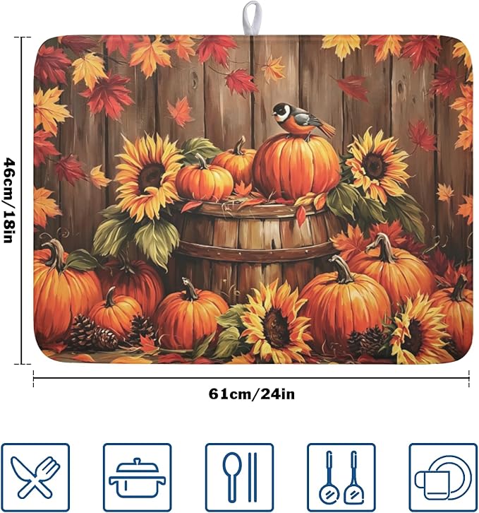 Fall Pumpkin Dish Drying Mat for Kitchen Counter Thanksgiving Autumn Harvest Pumpkin Microfiber Dish Drainer Mat Rustic Farmhouse Absorbent Washable Drying Pad 18"x24"