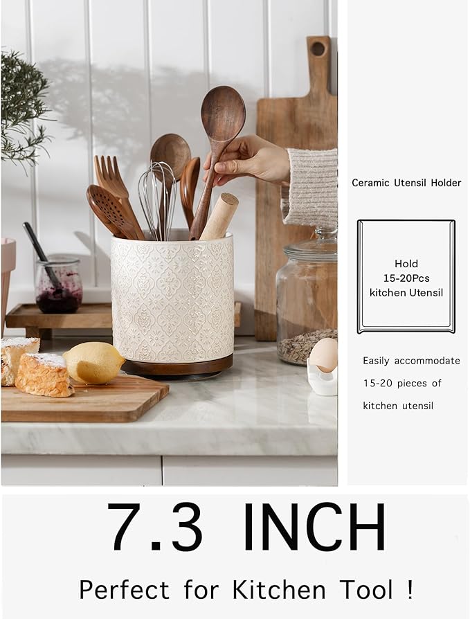 Kitchen Utensil Holder, 360° Rotating Extra Large Ceramic Utensil Holder with Embossed Pattern, 7.3” Cooking Utensil Crocks for Kitchen Countertop, Home Decor, Off-White - Image 4