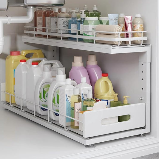 Under Sink Organizer Upgrade To Professional Rails,2-Tier Dual Pull Out Cabinet Storage,Height Adjustable Slide Out Drawers For Bathroom Kitchen,1 Pack-21"Dx12.8"-16.9"H,White by UnderSinkOrganizer