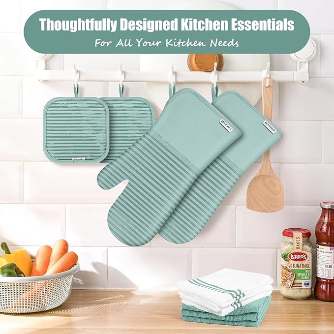 Oven Mitts and Pot Holder Sets with Silicone Grip, 500°F Heat Resistant-6 Pack Dishcloth/Dish Towels for Kitchen 100% Cotton-Value Kitchen Essentials for Cooking, Baking, Grilling-Mint Green - Image 5