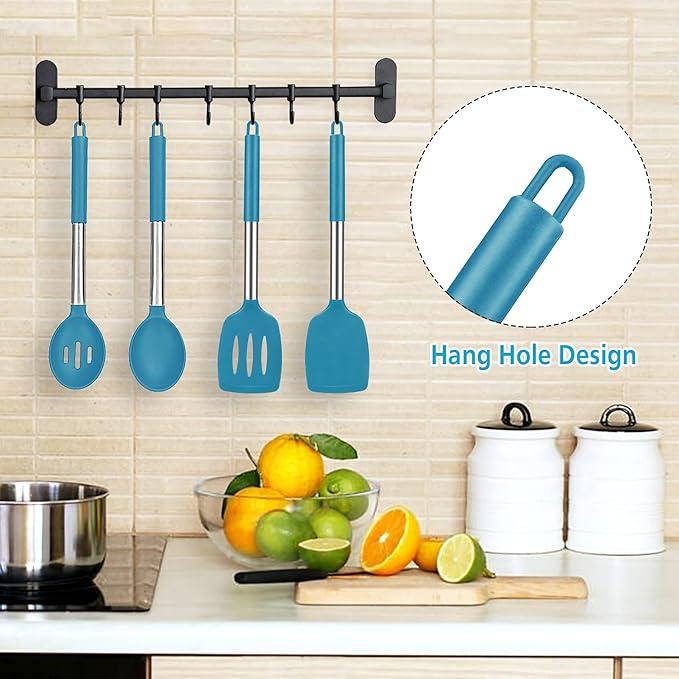 Pack of 4 Large Silicone Cooking Spatulas and Spoons, Slotted and Solid Stainless Steel Cooking Utensils Set, Non-stick Heat Resistant Kitchen for Baking, Fried, Stir-Fry, Mixing, Serving (Blue) - Image 6