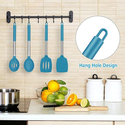 Pack of 4 Large Silicone Cooking Spatulas and Spoons, Slotted and Solid Stainless Steel Cooking Utensils Set, Non-stick Heat Resistant Kitchen for Baking, Fried, Stir-Fry, Mixing, Serving (Blue) - Image 6
