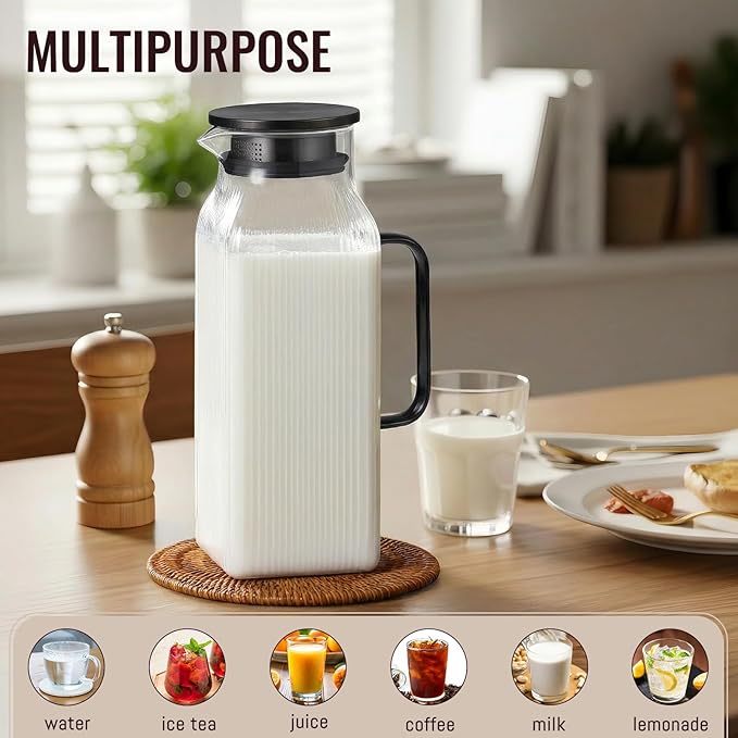 2 Liter/68 oz Square Glass Pitcher with Lid, Classic Stripes Water Pitchers with Handle for Fridge, Large Jug for Iced Tea, Coffee, Borosilicate Glass Carafe for Hot/Cold Brew Drink, Black - Image 3