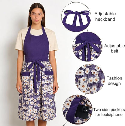 Cute Floral Aprons for Women with Pockets,Cotton Adjustable Neck Strap Apron for Kitchen Cooking Baking Gardening