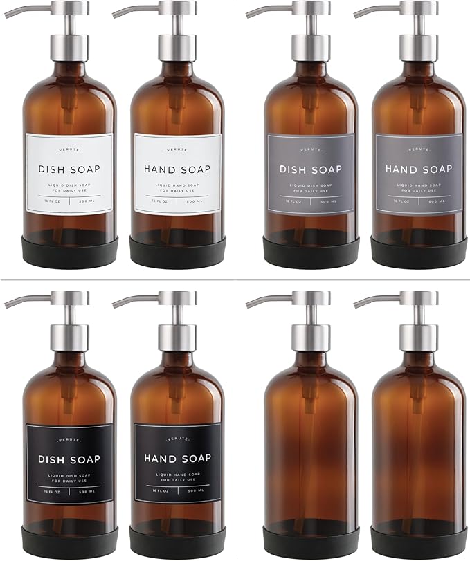 Hand and Dish Soap Dispenser for Kitchen and Bathroom, Set of 2 16 Oz Glass Bottles, Stainless Steel Pumps, Non-Slip Silicone Base, 27 Waterproof Labels (Amber Bottle/Brushed Silver Pump) - Image 5