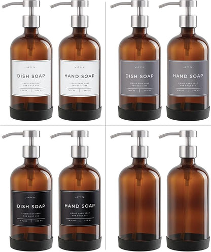Hand and Dish Soap Dispenser for Kitchen and Bathroom, Set of 2 16 Oz Glass Bottles, Stainless Steel Pumps, Non-Slip Silicone Base, 27 Waterproof Labels (Amber Bottle/Brushed Silver Pump) - Image 5