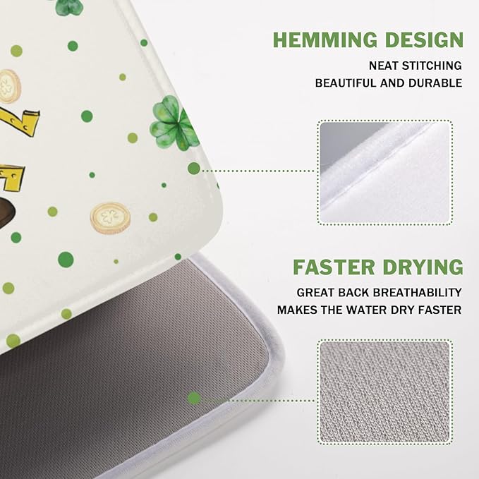 St Patrick's Day Gnome Dish Drying Mat for Kitchen Counter,Inch Lucky Shamrock Gold Coin Drying Mat 16 x 18 Inch with Absorbent Reversible Microfiber Dish Drying Pad for Coffee Bar - Image 4