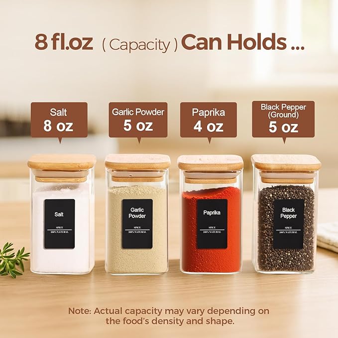 ComSaf Spice Jars with Labels 8 oz 16Pack, Small Spice Containers Starter Set, Glass Seasoning Jars with Lids, Square Seasoning Containers for Salt, Pepper, Chili Powder, Sugar, Loose Tea Storage - Image 2
