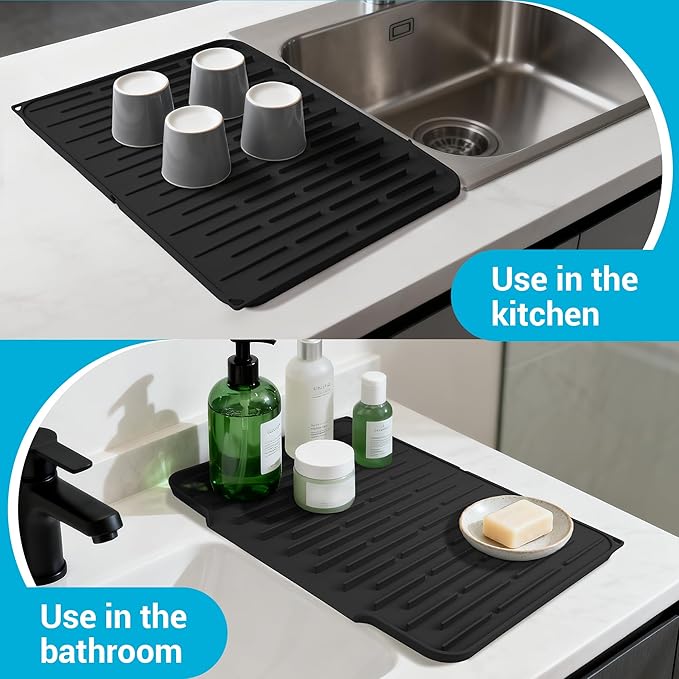 Foldable Silicone Dish Drying Mat for Kitchen Counter & Sink - Quick Dry, Space Saving, Non-Slip Pad for Small Apartments & Coffee Bar Black