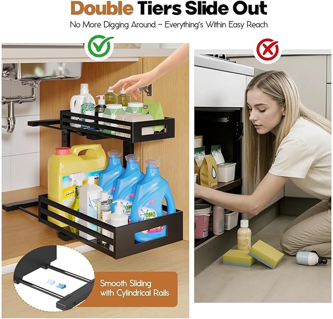 2-Pack Under Sink Organizer and Storage,2-Tier L Shape Pull Out Cabinet Organizer With Round Tube Slide Rails,Hight Adjustable Slide Out Drawers for Kitchen&Bathroom,Multi-Purpose Shelf-Black - Image 3
