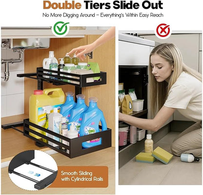 2-Pack Under Sink Organizer and Storage,2-Tier L Shape Pull Out Cabinet Organizer With Round Tube Slide Rails,Hight Adjustable Slide Out Drawers for Kitchen&Bathroom,Multi-Purpose Shelf-Black - Image 3
