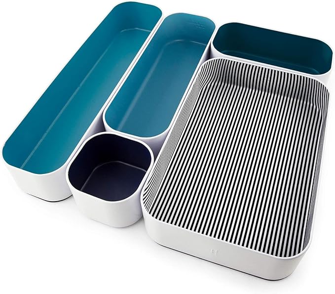 Three by Three Seattle 5 Piece Metal Organizer Tray Set for Storing Makeup, Stationery, Utensils, and More in Office Desk, Kitchen and Bathroom Drawers (2 Inch, Assorted Blue and Stripes) - Image 5