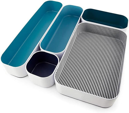 Three by Three Seattle 5 Piece Metal Organizer Tray Set for Storing Makeup, Stationery, Utensils, and More in Office Desk, Kitchen and Bathroom Drawers (2 Inch, Assorted Blue and Stripes) - Image 5