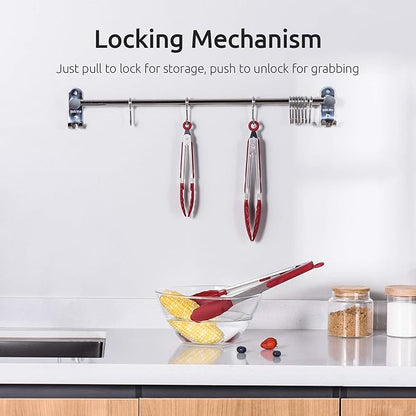U-Taste Kitchen Tongs, 7/9/12 inches Cooking Tongs, with 600ºF High Heat-Resistant Non-Stick Silicone Tips, 18/8 Stainless Steel Handle, for Food Grill, Salad, BBQ, Frying, Serving, Pack of 3(Red) - Image 5