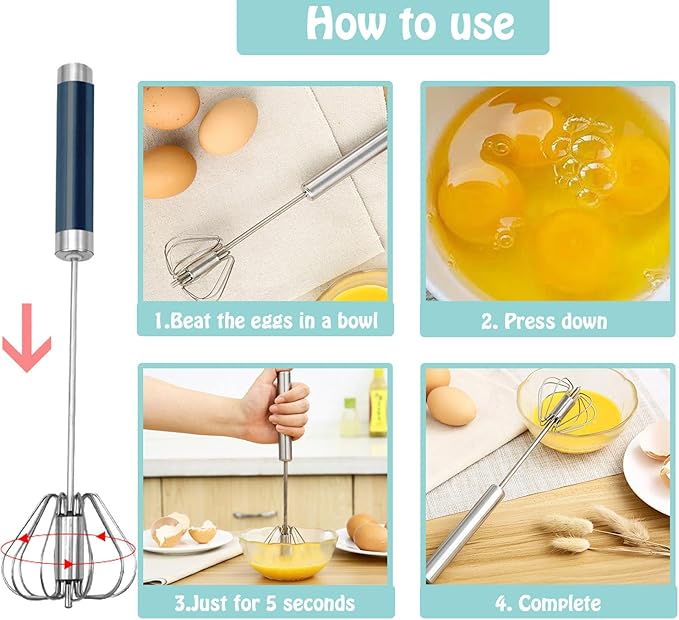 Semi-automatic Whisk, Stainless Steel Egg Beater, Hand Push Rotary Whisks Mixer Stirrer for Making Cream, Whisking, Beating and Stirring (3 Color) - Image 4