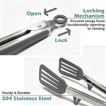 Tongs for Cooking, 12" Kitchen Tongs with Silicone Tips, Food Grade Serving Tongs Set of 3, Grey - Image 4