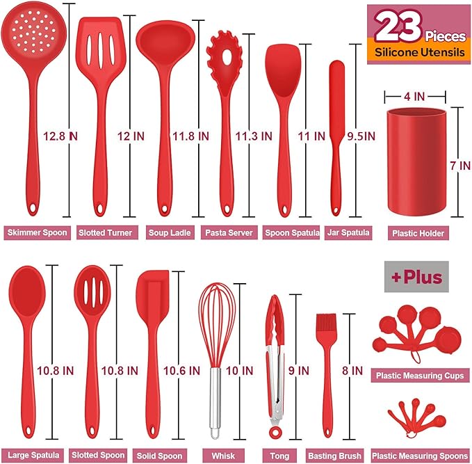 Silicone Kitchen Utensils Set, E-far 23 Pcs Red Cooking Utensils Tools with Holder for Nonstick Cookware, Include Spatula/Spoon/Ladle/Tongs/Turner, Heat Resistant & Nontoxic, Dishwasher Safe - Image 3