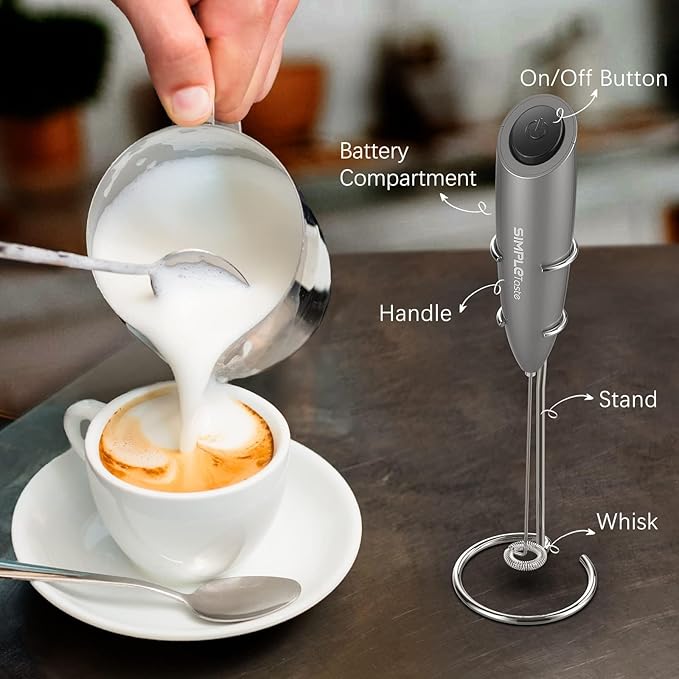 SIMPLETASTE Milk Frother Handheld Electric Foam Maker, Drink Mixer with Stainless Steel Whisk for Cappuccino, Bulletproof Coffee, Latte, Gray, with Stand, Battery Operated - Image 4