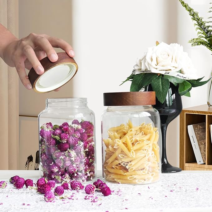 Airtight Glass Jars with Wooden Lid Round Spice Jar Clear Glass Food Storage Jar Canister with Screw Lid for Coffee Ground Bean Candy Pantry Sugar Tea Cookies Bath Salts (1200ml/40oz-1pack-A) - Image 5