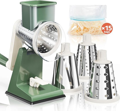 Upgraded Rotary Cheese Grater with 3 Interchangeable Stainless Steel Drums, One-Press Powerful Suction Manual Vegetable Shredder & Slicer for Kitchen, 15pcs Storage Bags Included, Olive Green