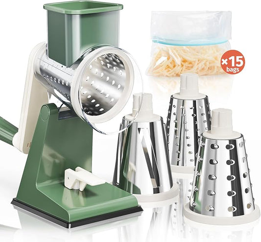 Upgraded Rotary Cheese Grater with 3 Interchangeable Stainless Steel Drums, One-Press Powerful Suction Manual Vegetable Shredder & Slicer for Kitchen, 15pcs Storage Bags Included, Olive Green