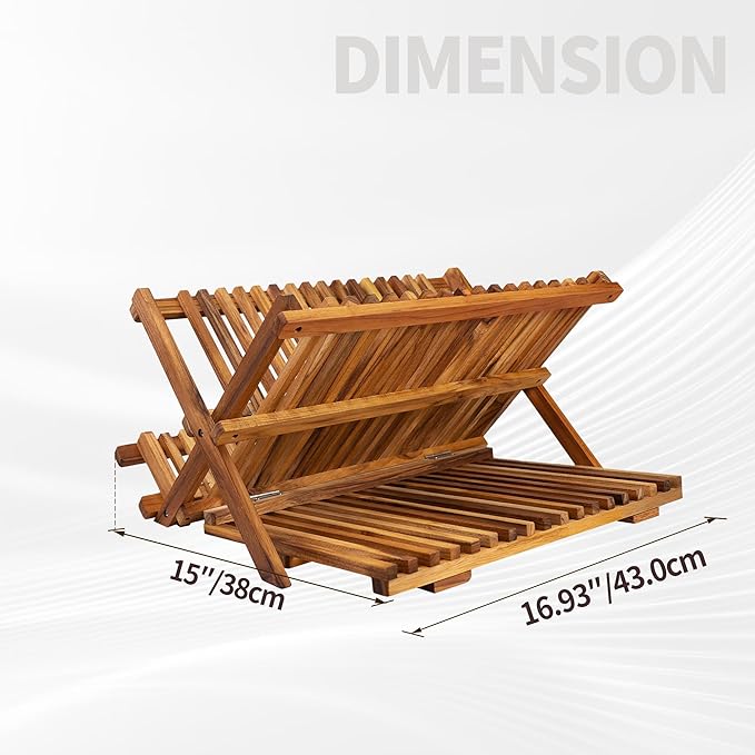 Utoplike 3 Tier Collapsible Teak Wood Dish Drying Rack, Foldable Large Capacity Dish Draine, Space-Saving Countertop Kitchen Organizer for Plates, Cups - Image 3