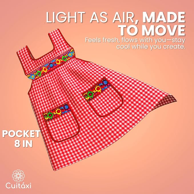Cuitáxi Traditional Mexican apron for women with deep pockets and beautiful flower embroidery 1 piece - Mandiles para mujer