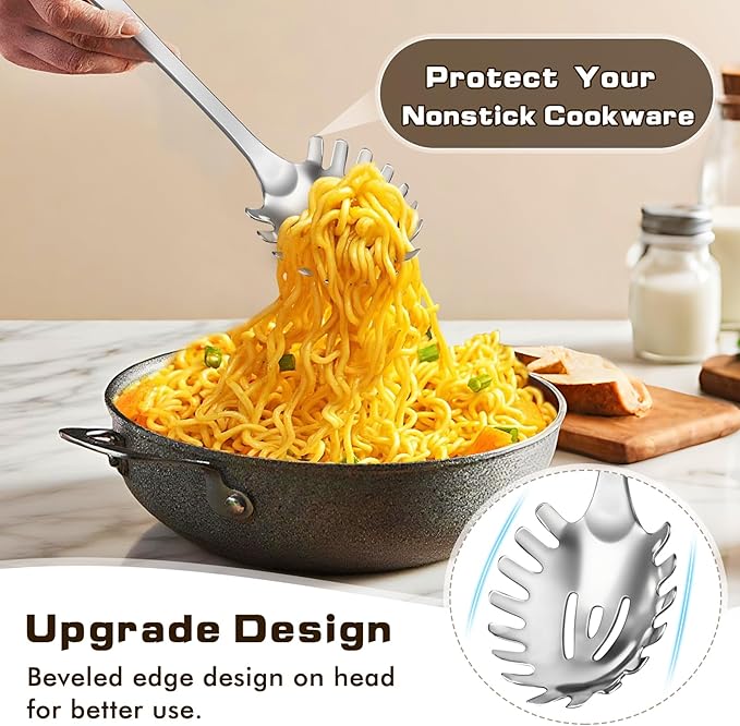 3 Pcs Stainless Steel Cooking Utensils Set, Heat Resistant Kitchen Utensils, Metal Kitchen Tools Include Solid & Slotted Spoon, Pasta Server, Ergonomic Handle, Dishwasher Safe, Easy to Clean, Silver - Image 5