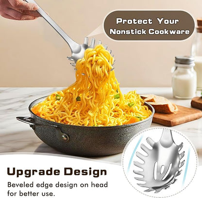 3 Pcs Stainless Steel Cooking Utensils Set, Heat Resistant Kitchen Utensils, Metal Kitchen Tools Include Solid & Slotted Spoon, Pasta Server, Ergonomic Handle, Dishwasher Safe, Easy to Clean, Silver - Image 5