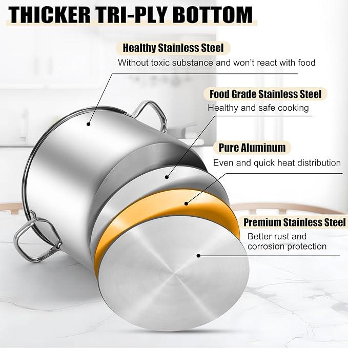 TeamFar 16QT Stock Pot, Stainless Steel Stockpot Large Induction Cooking Pot with Lid & Tri-ply Bottom, for Soup Seafood Cooking, Sauce Canning, Non Toxic & Heavy Duty, Various Stovetops Suitable - Image 6