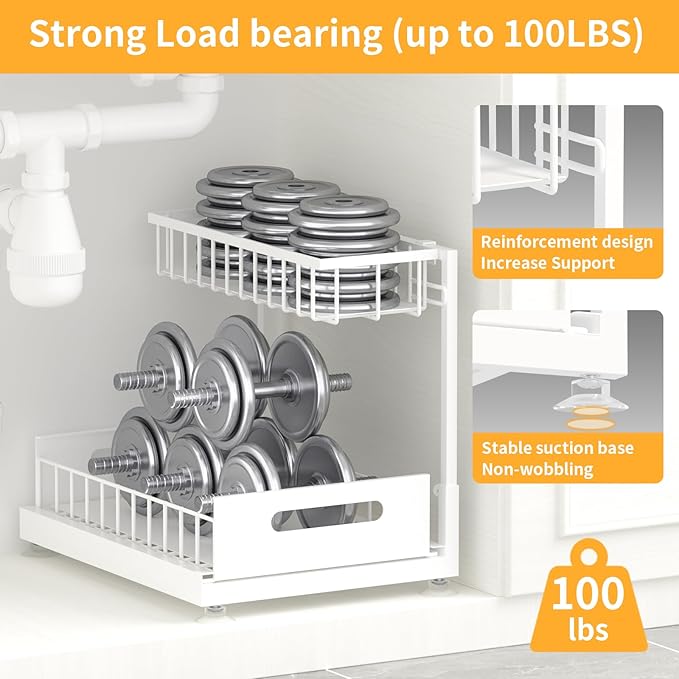 Saydear Under Sink Organizer Storage 2-Tier Premium Metal Pull-Out Kitchen Cabinet Organizer with Sliding Drawer, Height Adjustable, Heavy Duty for Kitchen & Bathroom Organizers 1 Pack White - Image 4