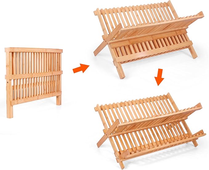Collapsible Bamboo Dish Drying Rack - 2 Tier Space Saving Kitchen Counter Organizer, Holds 19 Plates, Bowls & Utensils (17.8"x10.23"x9.25")