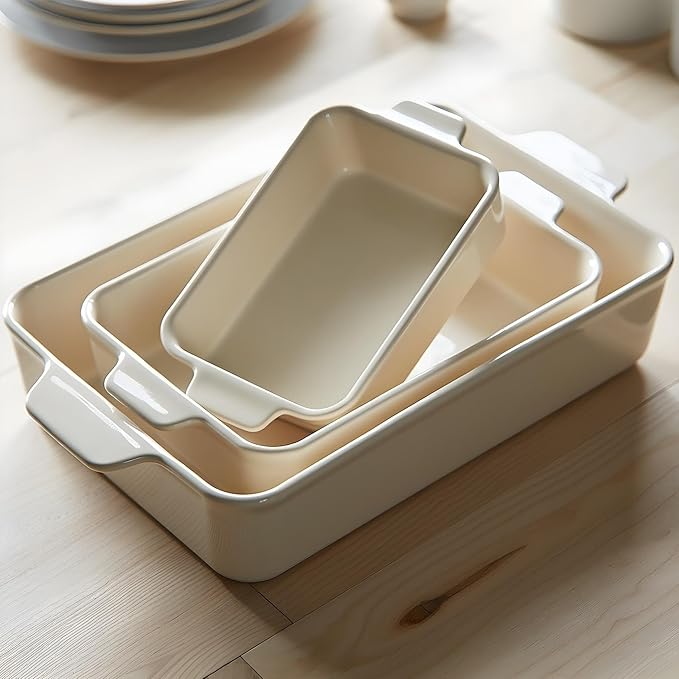 Kook Ceramic Bakeware Set, Rectangular Baking Dishes, For Casseroles, Lasagna, Cake, Small, Medium & Large Pans, Microwave & Dishwasher Safe, Set of 3, (Ivory) - Image 5