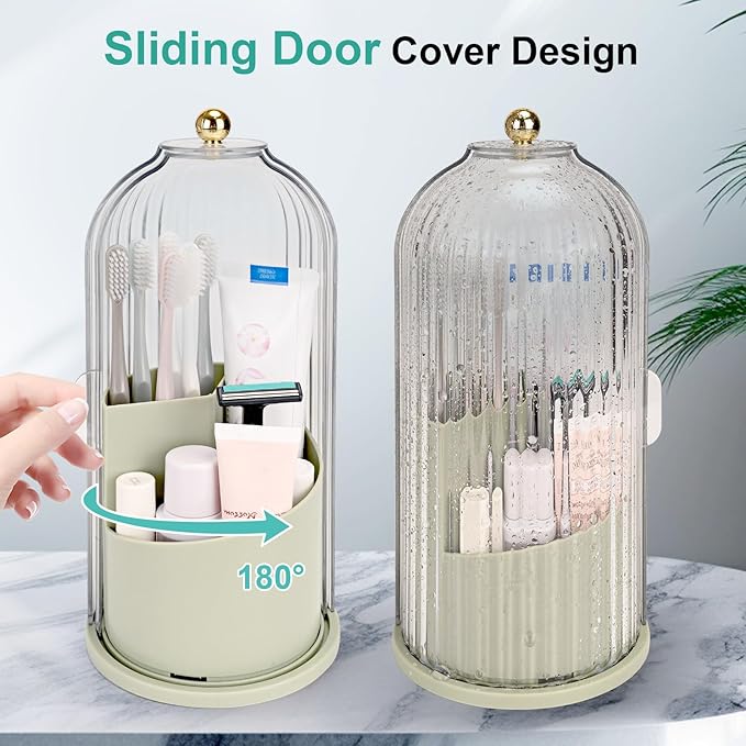 QIYVLOS Toothbrush Holders with Sliding Lid, Rotating 3 Slots Bathroom Organizer Countertop, Tooth Brush Toothpaste Holder Bathroom Counter Stand Sink Organizer Caddy for Makeup Brushes Holder (Green) - Image 2
