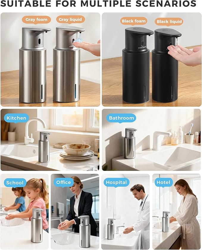 Automatic Liquid Soap Dispenser Touchless, 304 Stainless Steel Bottle Body &16.2oz/480ml Rechargeable, 3 Adjustable Liquid Levels, IPX7 Waterproof, for Kitchen Bathroom, Stainless Steel - Image 9