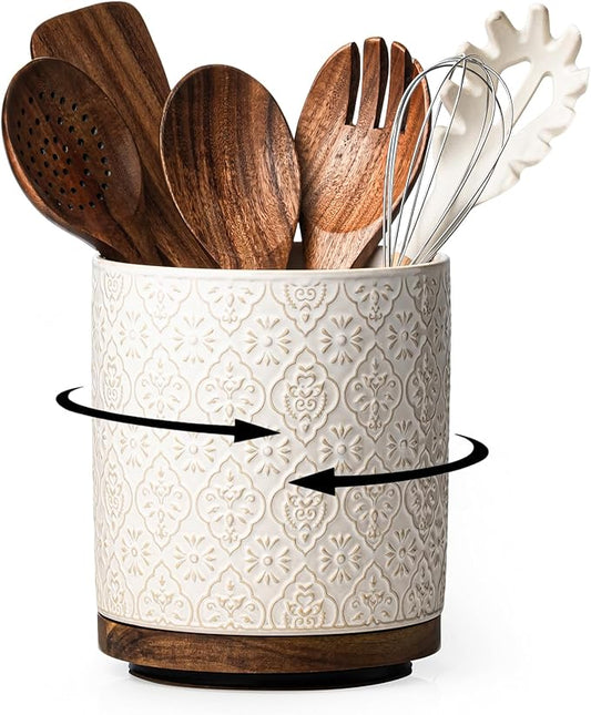 Kitchen Utensil Holder, 360° Rotating Extra Large Ceramic Utensil Holder with Embossed Pattern, 7.3” Cooking Utensil Crocks for Kitchen Countertop, Home Decor, Off-White by MIKIGEY