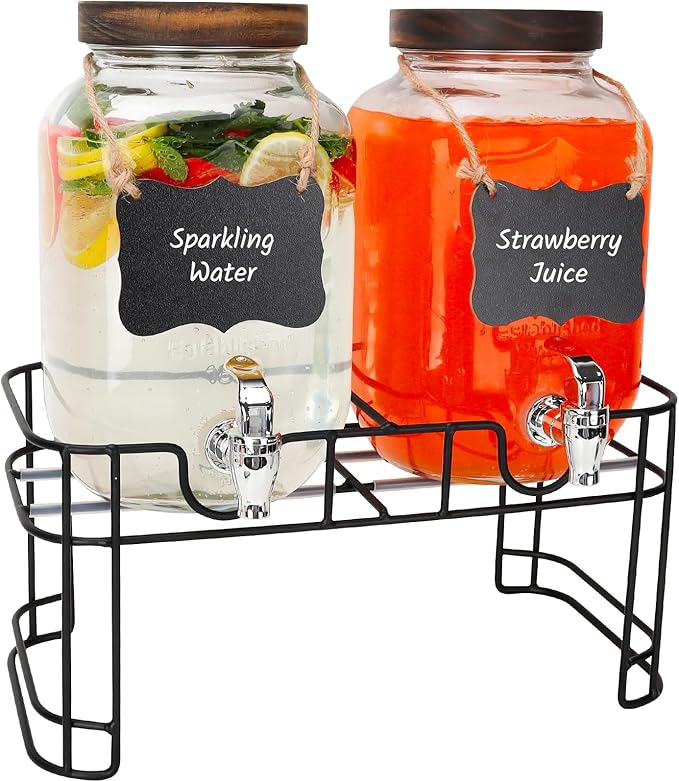 Glass Drink Dispensers For Parties, 2 PACK 1 Gallon Beverage Dispenser With Wooden Lids, Metal Stand And Spigot 100% Leak proof. Lemonade Dispenser With Chalk board by Betrome