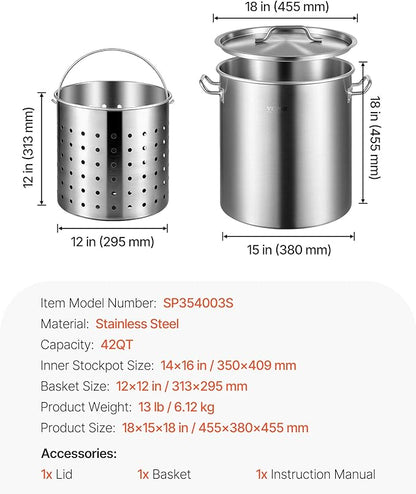 VEVOR Stainless Steel Stockpot, 42 Quart Large Cooking Pots, Cookware Sauce Pot with Strainer, Lid, and Handle, Heavy Duty Commercial Grade Stock Pot, Sanding Treatment, for Large Groups Events Silver - Image 8