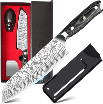 MOSFiATA Santoku Knife- 7 Inch Vegetable Knife Ultra Sharp Chopping Knife- Forged EN.4116 German Steel- Including Sheath,Finger Guard,Knife Sharpener,Full Tang,Best Gifts with Handmade Gift Box by MOSFiATA