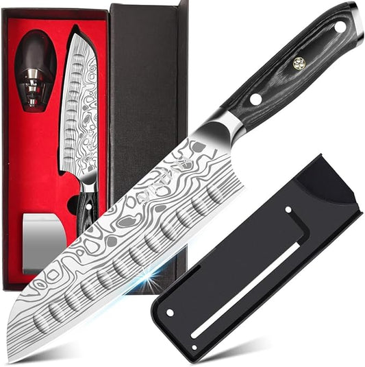 MOSFiATA Santoku Knife- 7 Inch Vegetable Knife Ultra Sharp Chopping Knife- Forged EN.4116 German Steel- Including Sheath,Finger Guard,Knife Sharpener,Full Tang,Best Gifts with Handmade Gift Box by MOSFiATA