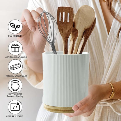 360° Rotating Utensil Holder for Kitchen Counter, 7.6'' Extra Large Utensil Caddy for Countertop, Modern Utensil Organizer for Spatula, with Rotatable Bamboo Base, White - Image 2