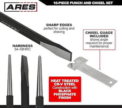 ARES 50005-16-Piece Punch and Chisel Set - Tapered, Pin, Center Punches & Cold Chisels for Various Applications