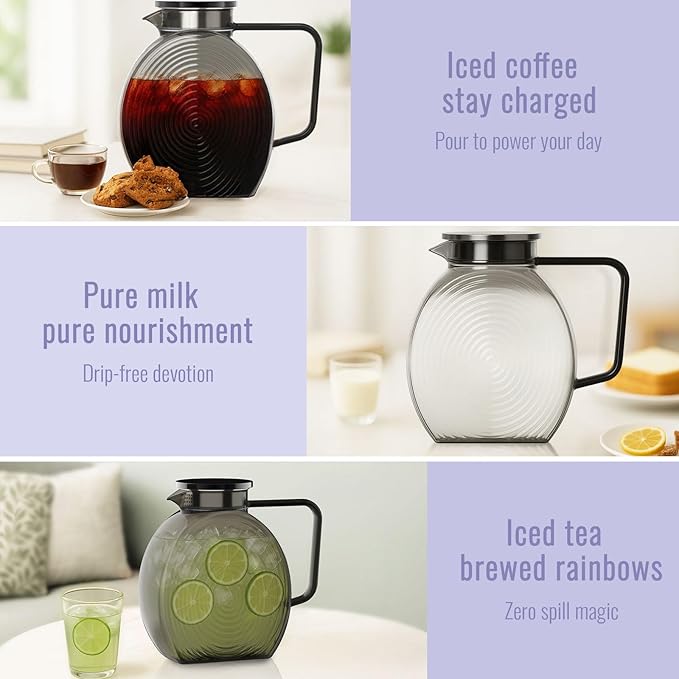 Glass Pitcher With Lid, 2.3 Liter 78 oz Glass Water Pitchers, 0.6 Gallon glass Pitcher With handle and Lids for Fridge, Carafe Jug Jar For Hot/Cold Water Tea Iced Juice Coffee Milk Beverage - Image 3