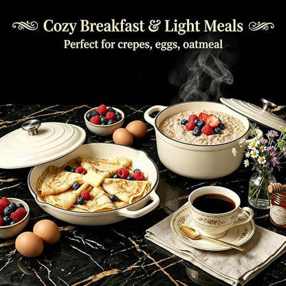 Nonstick Enameled Cast Iron Cookware Set - 8 Piece Pots and Pans with Lid, Frying Pan, Skillet, Dutch Oven Set for All Stovetops, Ideal for Sourdough Bread Baking, Comes with Organizer, Cream White