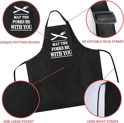 Rosoz Funny BBQ Black Chef Aprons for Men, May the Forks be with You Adjustable Kitchen Cooking Aprons with Pocket Waterproof Oil Proof Father’s Day/Birthday
