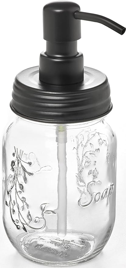 Mason Jar Soap and/or Lotion Dispenser with Gloss Black Pump Dispenser for Hand Sanitizer. Comes with Non Slip Coaster. Use with Liquid Soap or Hand/Body Lotion (Gloss Black, 2pk 16oz)
