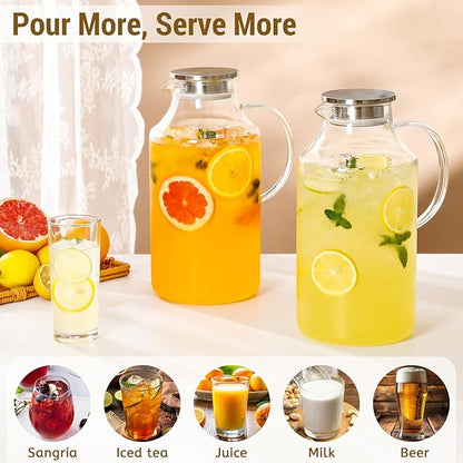 2 Pack 1 Gallon thickened Glass Pitcher with Lid and Spout, Borosilicate Glass Carafe for Hot/Cold Drink, Water Pitchers for Fridge, Extra Large Jug with Handle for Iced Tea, Coffee,Juice, Beverage