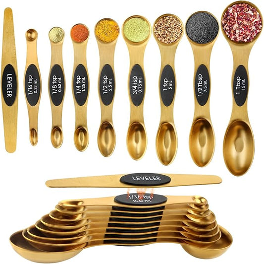 Gold Magnetic Measuring Spoons Set Stainless Steel with Leveler, Dual-Sided Stackable Metal Measuring Spoons for Baking & Cooking, Fits in Spice Jars, Heavy Duty Kitchen Gadgets, 8 Spoons & 1 Leveler by Unknown